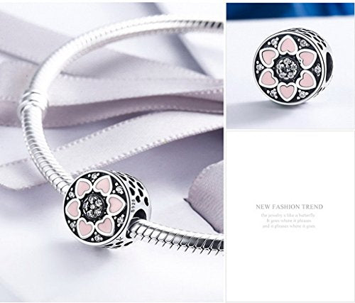 PAHALA 925 Sterling Silver Pink Heart Enamel with Crystals Charms Fit Bracelets Necklace