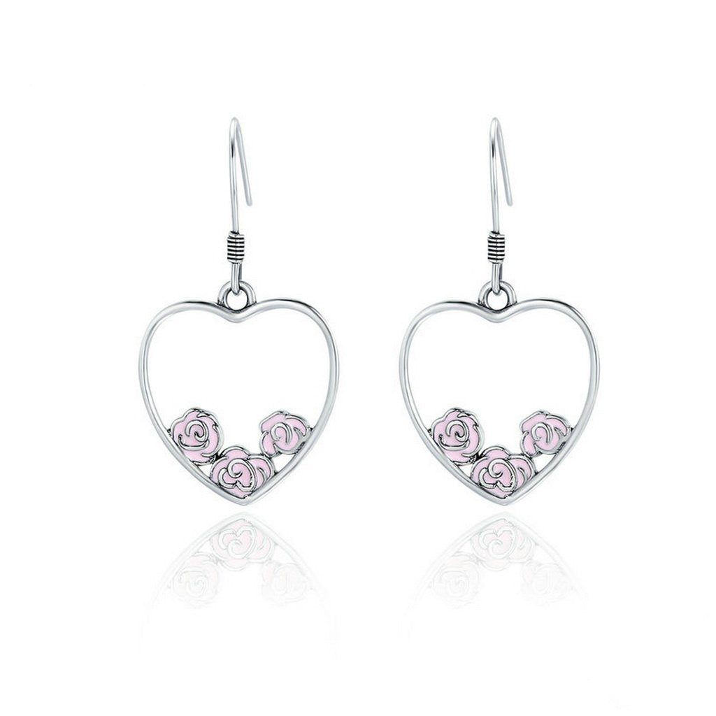 PAHALA 925 Sterling Silver Romantic Rose Heart with Crystals Pendant Necklace Earrings Jewelry Set