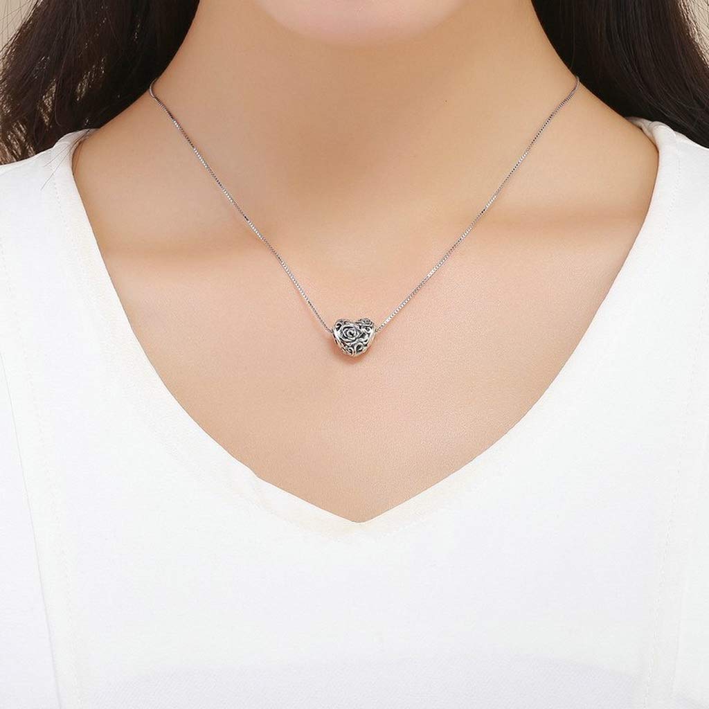 PAHALA 925 Strling Silver Rose Flower Engrave Heart Charms Charm