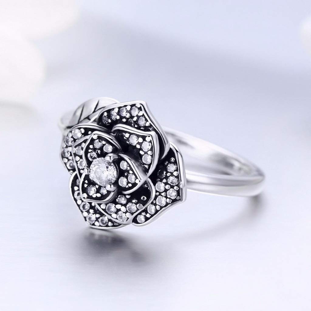 PAHALA 925 Strling Silver Rose Flower Dazzling Crystals Finger Weeding Party Ring