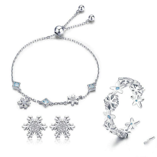 PAHALA 925 Sterling Silver Winter Snowflake Bracelets Earrings Rings Jewelry Set