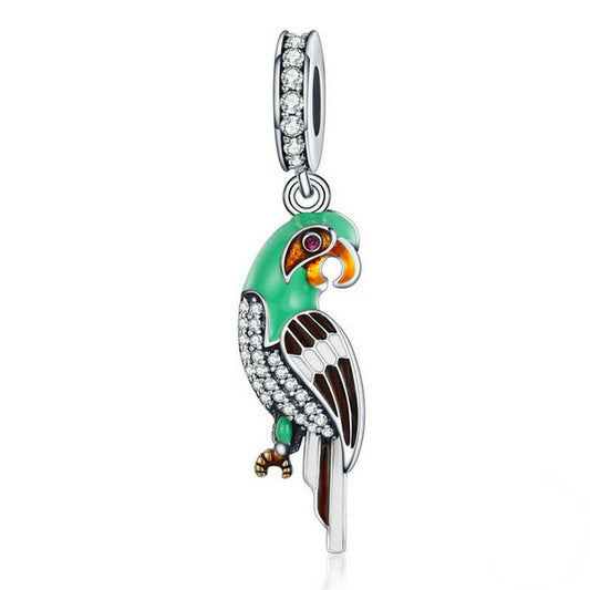 PAHALA 925 Sterling Silver Cute Parrot with Blue Enamel Crystals Charms Fit Bracelets Necklace