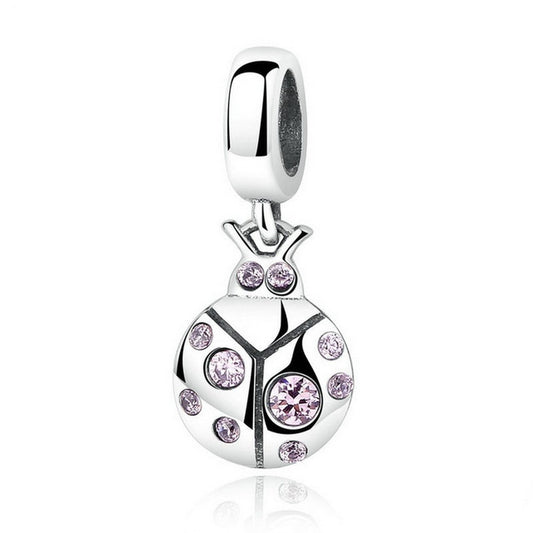 PAHALA 925 Strling Silver Beetle with Pink Crystal Charms Pendant Fit Bracelets Bangles Necklace