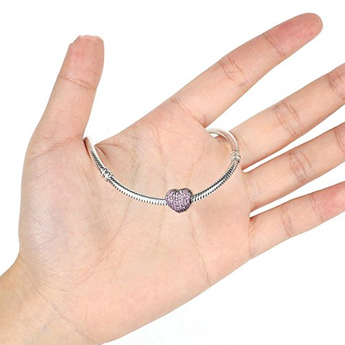 PAHALA 925 Sterling Silver Pink Crystals Heart Charms Fit Bracelets Necklace