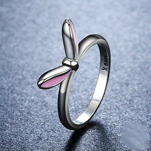 PAHALA 925 Sterling Silver Lovely Pink Rabbit Ears Enamel Cubic Zirconia Vintage Wedding Engagement Band Ring