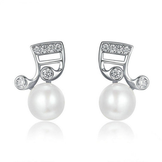 PAHALA 925 Sterling Silver Music With Crystals Pearl Party Wedding Stud Earrings