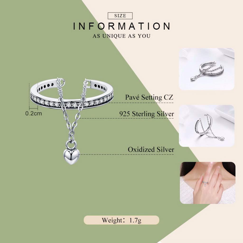 PAHALA 925 Strling Silver Stackable Heart Chain Finger Weeding Party Ring