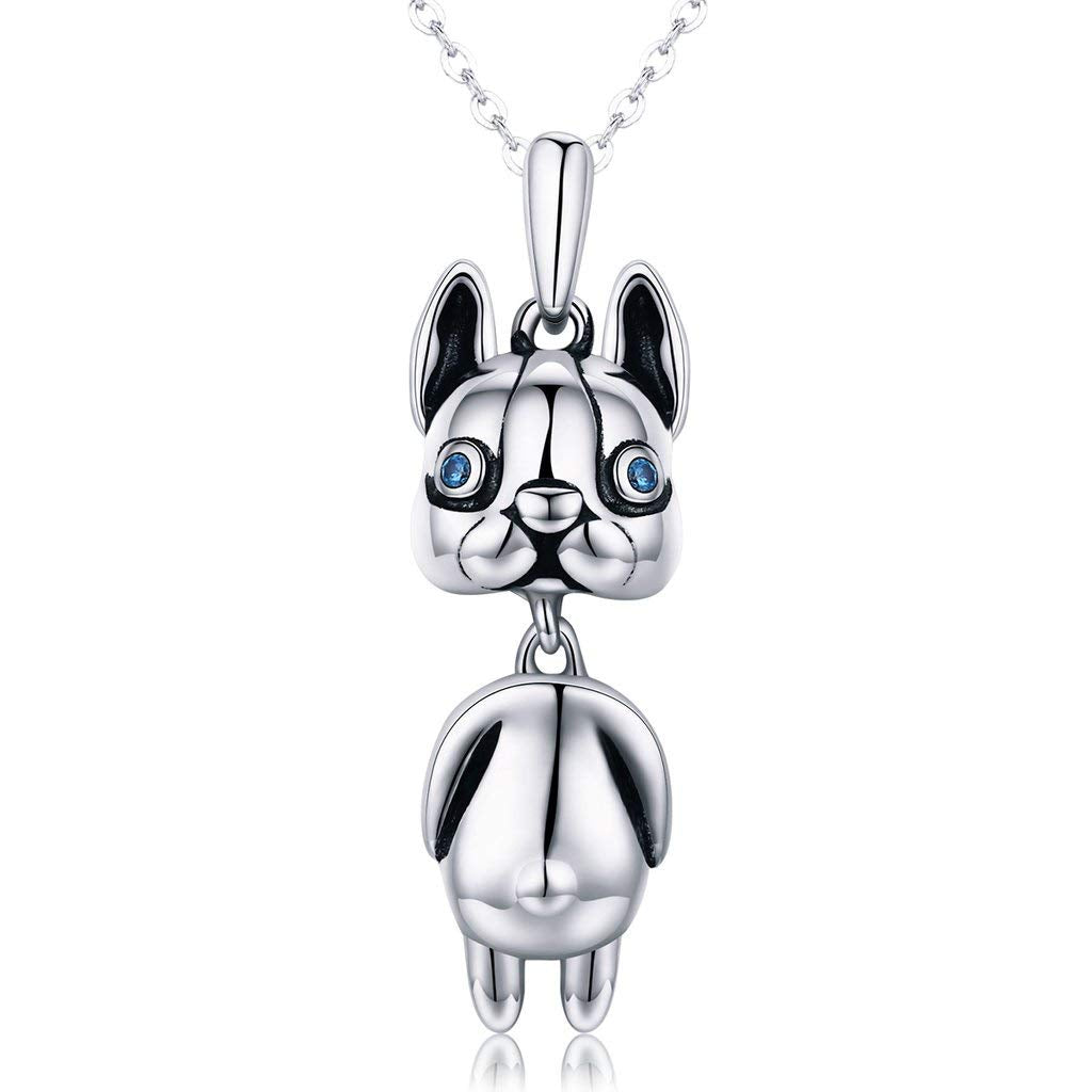 PAHALA 925 Sterling Silver Silver French Bulldog Doggy with Crystals Clear CZ Pendant Necklace
