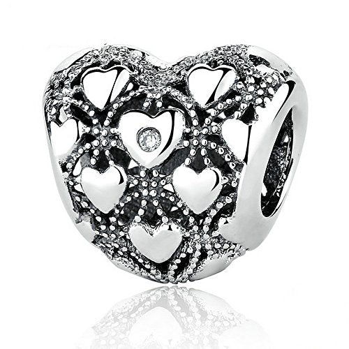 PAHALA 925 Strling Silver Love Heart with Crystals Charms Pendant Fit Bracelets Necklace