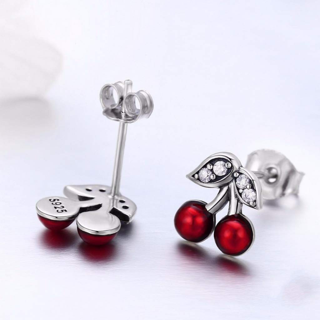 PAHALA 925 Sterling Silver Summer Red Cherry Enamel With Crystal Earrings