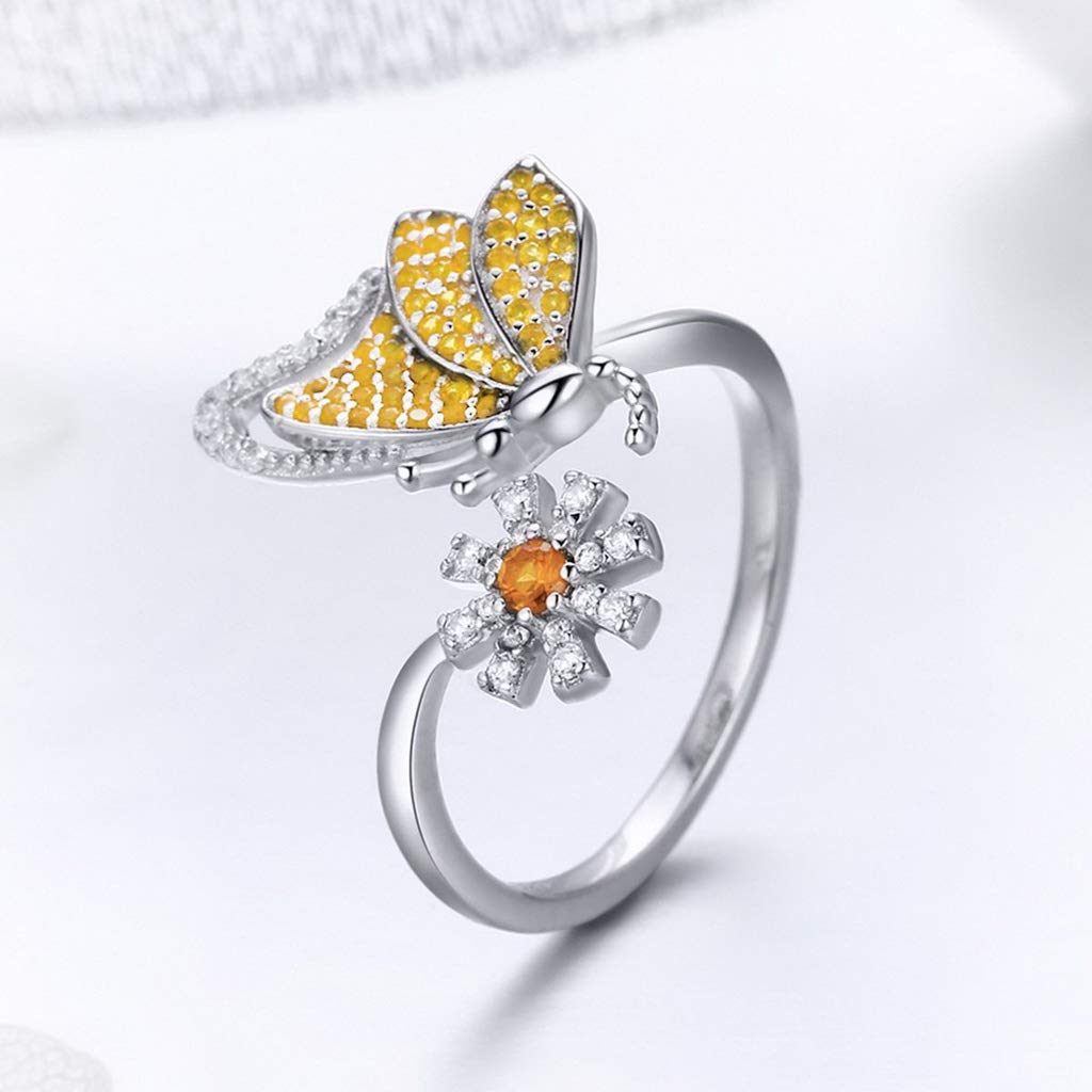 PAHALA 925 Strling Silver Butterfly Daisy Flower Crystals Finger Weeding Party Ring