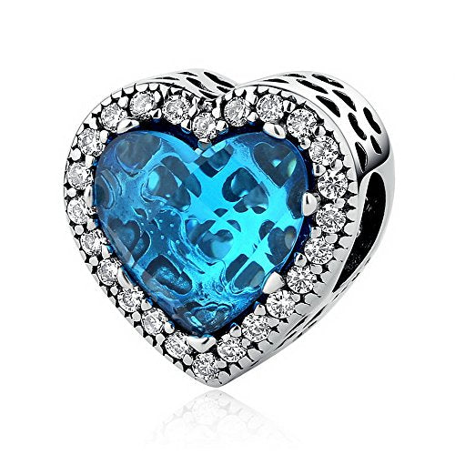 PAHALA 925 Strling Silver 6 Colors Love Heart Crystals Charms Pendant Fit Bracelets Necklace (Blue)