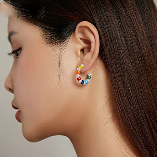 PAHALA 925 Sterling Silver Cute Rainbow Shell Pearl Hoop Earrings Stud Earrings