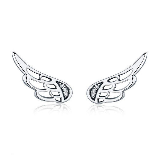 PAHALA 925 Sterling Silver Cute Feather Fairy Wings Crystal Stud Earrings