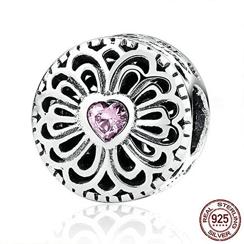PAHALA 925 Strling Silver Pink Crystals Love Charms Pendant Fit Bracelets Necklace