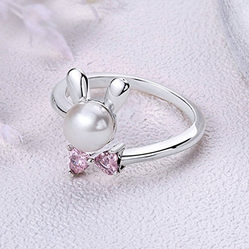 PAHALA 925 Sterling Silver Cute Rabbit with Love Pink Crystals Cubic Zirconia Vintage Wedding Engagement Band Ring