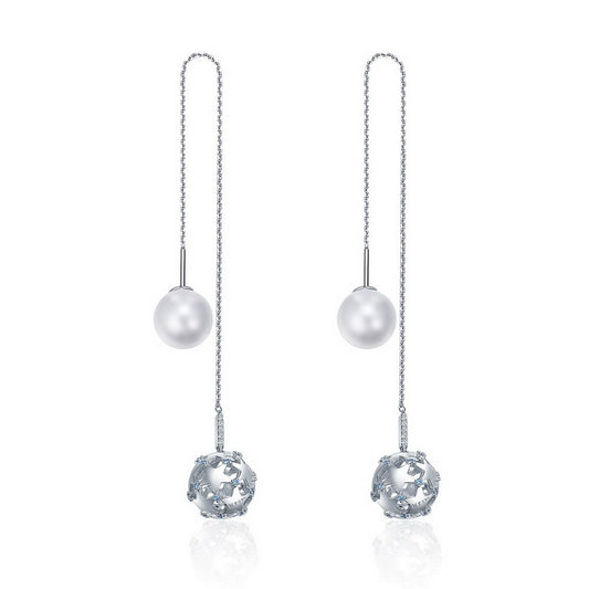 PAHALA 925 Sterling Silver Double Ball Luminous With Crystals Party Wedding Long Drop Earrings
