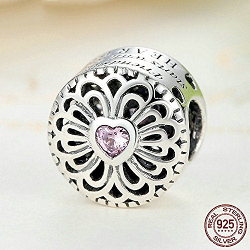 PAHALA 925 Strling Silver Pink Crystals Love Charms Pendant Fit Bracelets Necklace
