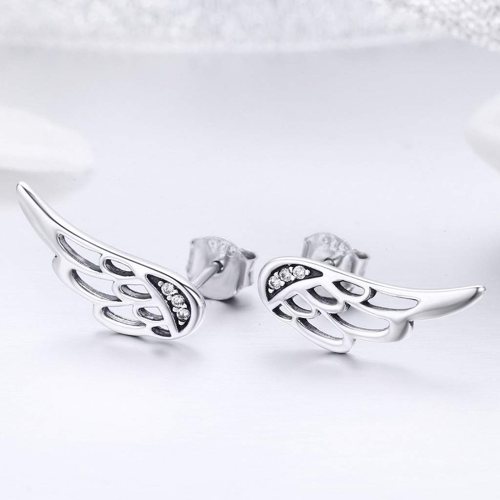 PAHALA 925 Sterling Silver Cute Feather Fairy Wings Crystal Stud Earrings