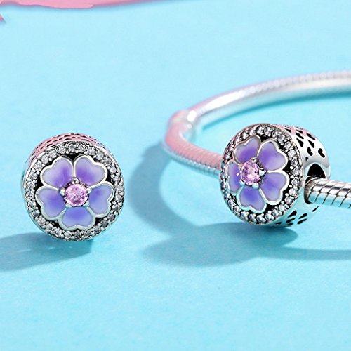 PAHALA 925 Sterling Silver Light Purple Enamel Blooming Crystals Charm Bead