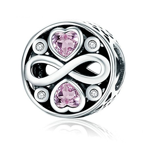 PAHALA 925 Sterling Silver Infinity Pink Crystals Heart Charms Fit Bracelets Necklace