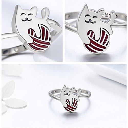 PAHALA 925 Sterling Silver Cat with Enamel Red Ball Wedding Engagement Band Ring