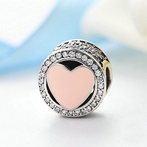 PAHALA 925 Sterling Silver Love Pink Enamel with Crystals Around Charms Fit Bracelets Necklace