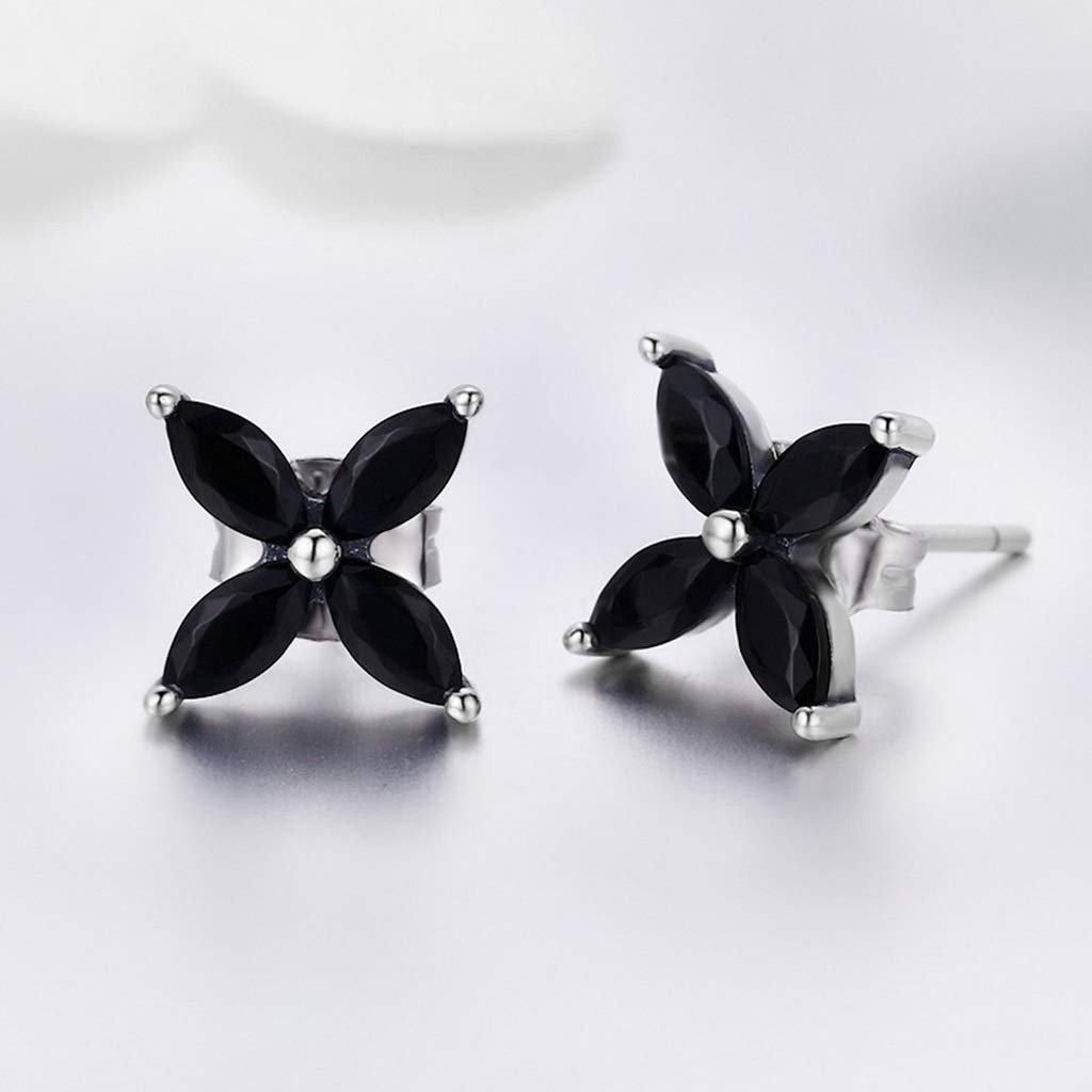 PAHALA 925 Sterling Silver Small Black Clover Flower Earrings