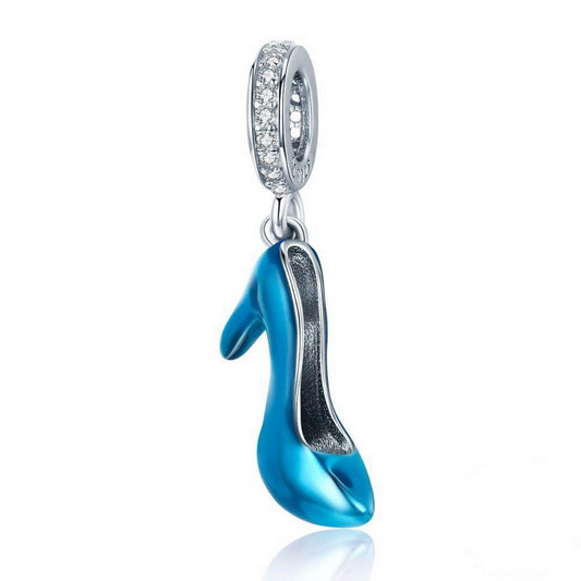 PAHALA 925 Strling Silver High Heels Crystal Shoe Blue Enamel Charm