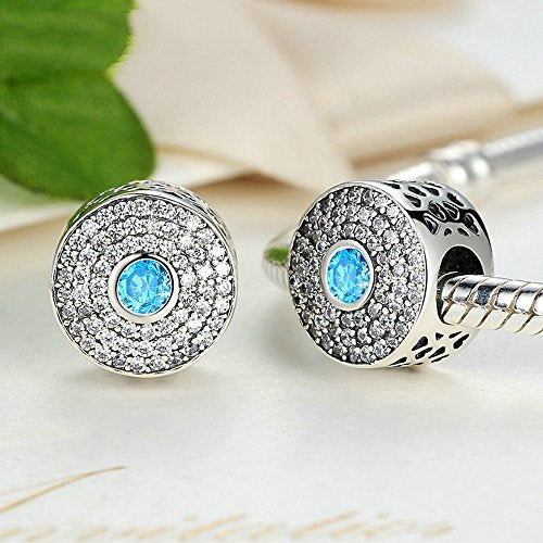 PAHALA 925 Strling Silver 2 Colors Crystals Round Charms Fit Bracelets Necklace (Blue)