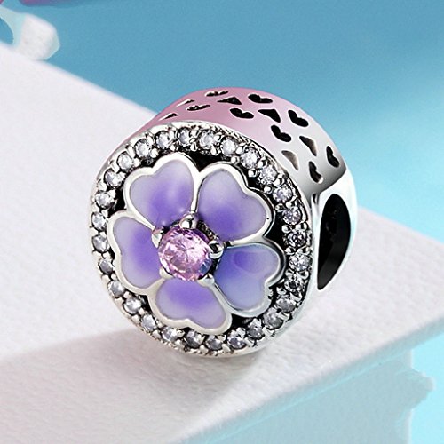 PAHALA 925 Sterling Silver Light Purple Enamel Blooming Crystals Charm Bead