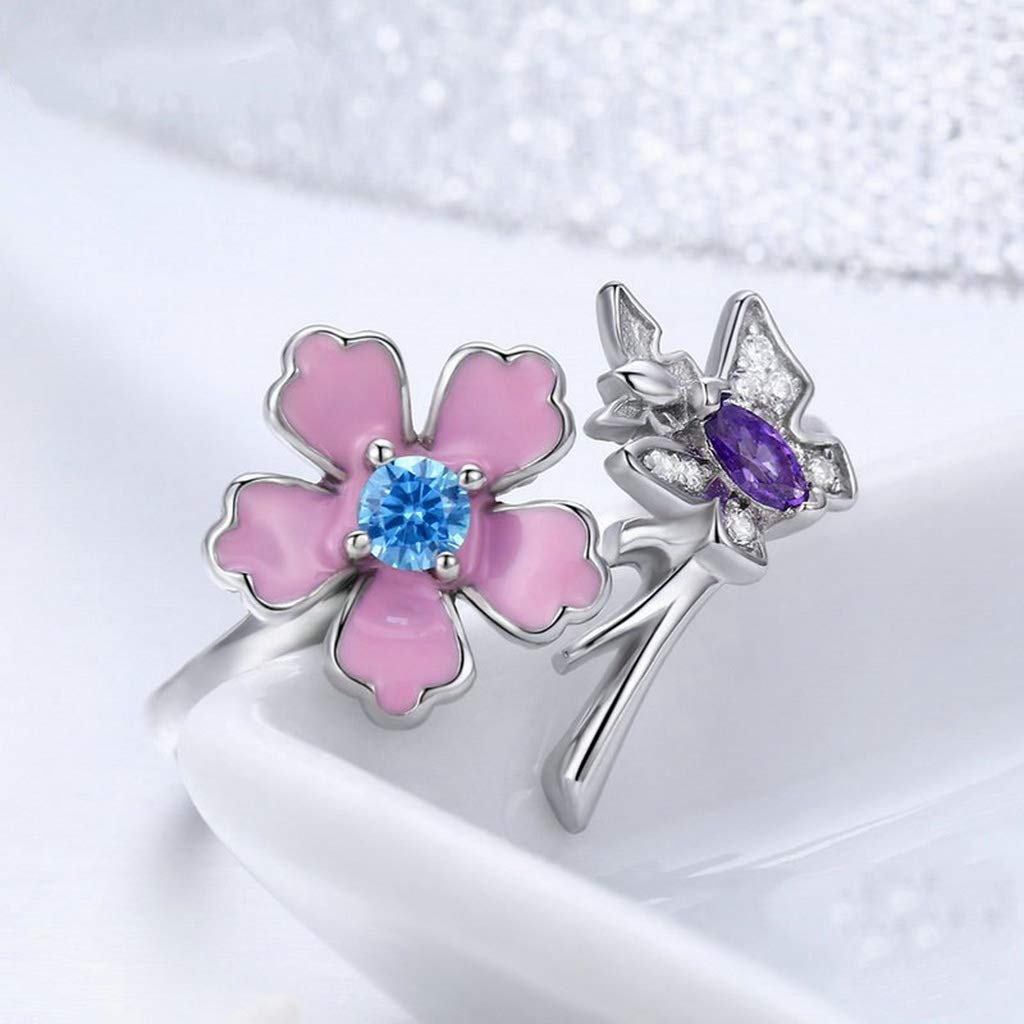PAHALA 925 Strling Silver Lovely Butterfly Pink Flower Crystals Finger Weeding Party Ring