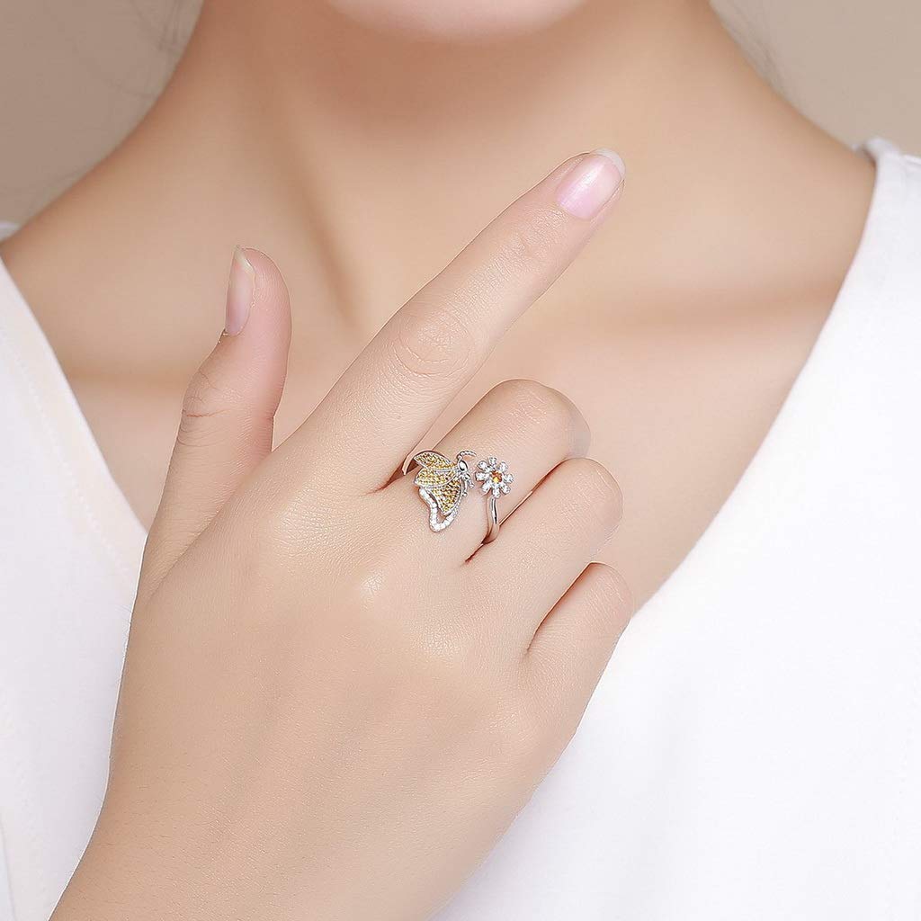 PAHALA 925 Strling Silver Butterfly Daisy Flower Crystals Finger Weeding Party Ring