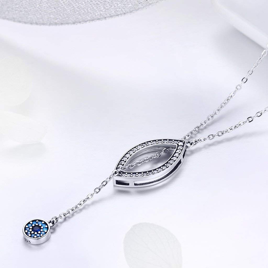 PAHALA 925 Sterling Silver Blue Eyes Long Chain with Crystals Clear CZ Pendant Necklace