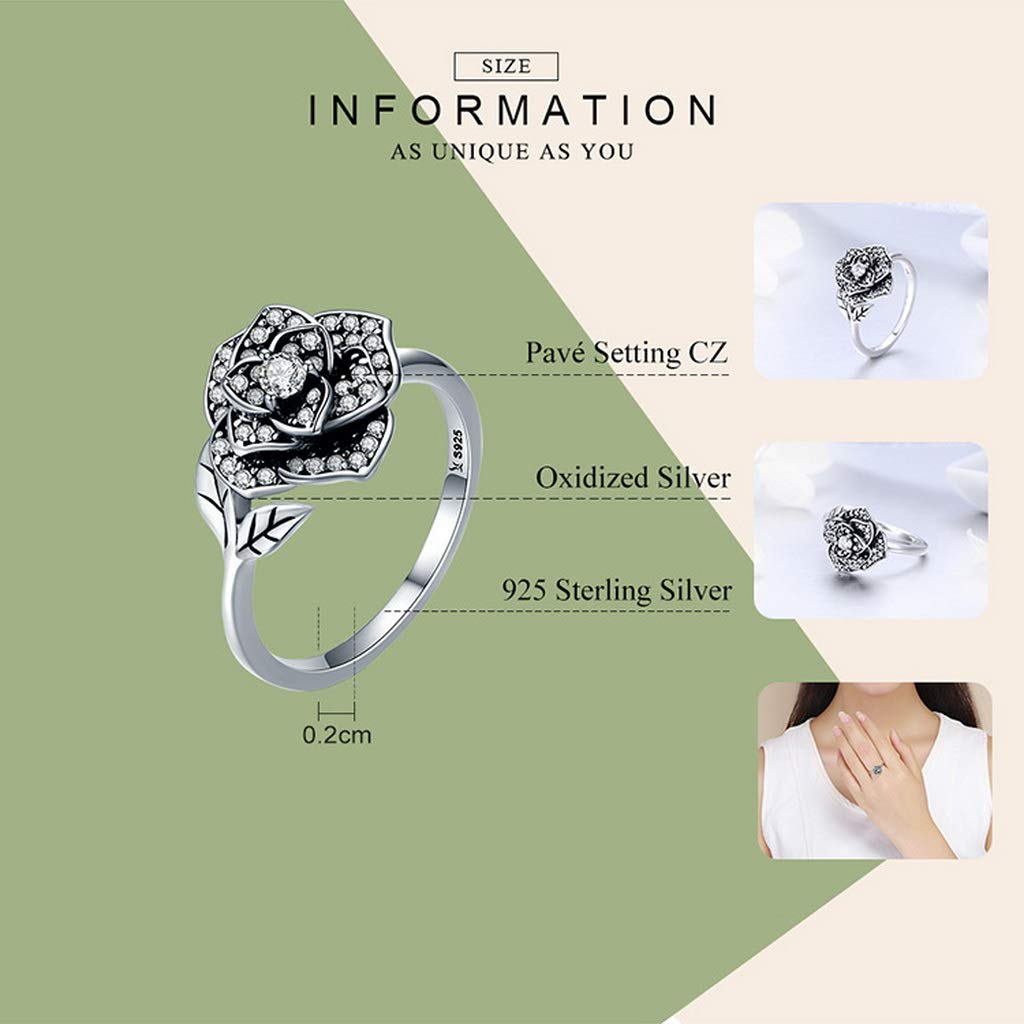 PAHALA 925 Strling Silver Rose Flower Dazzling Crystals Finger Weeding Party Ring