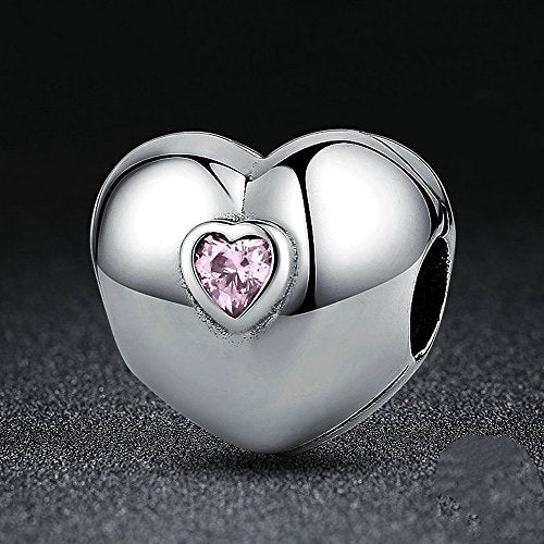 PAHALA 925 Strling Silver Pink Heart Charms Fit Bracelets Necklace