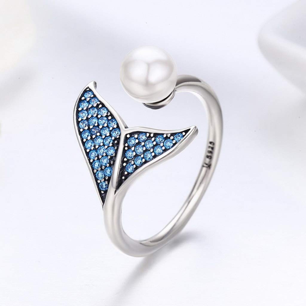 PAHALA 925 Strling Silver Adjustable Dolphin Tail Blue Finger Weeding Party Ring