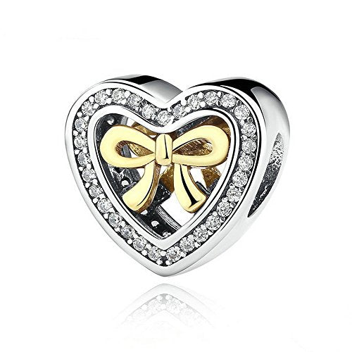 PAHALA 925 Sterling Silver Romantic Openwork Heart Love Bow-Knot Charms Fit Bracelets Necklace