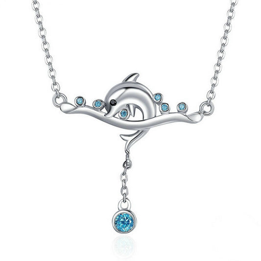 PAHALA 925 Sterling Silver Lovely Dolphin with Blue Crystals Pendant Necklace