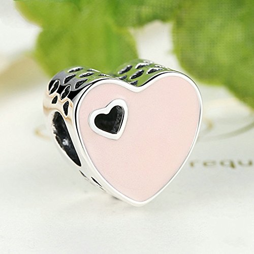 PAHALA 925 Strling Silver Romantic Heart with Pink Enamel Charms Fit Bracelets Necklace