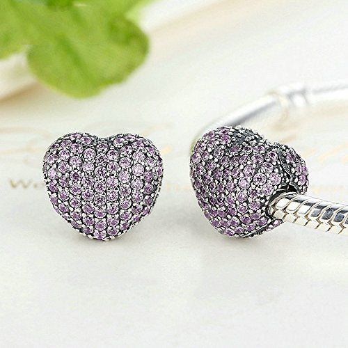 PAHALA 925 Sterling Silver Pink Crystals Heart Charms Fit Bracelets Necklace