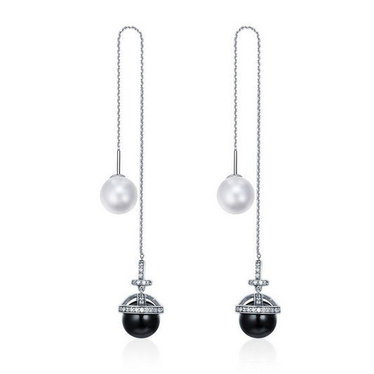 PAHALA 925 Sterling Silver Planet Freshwater Pearl White Black With Crystals Party Wedding Long Drop Earrings