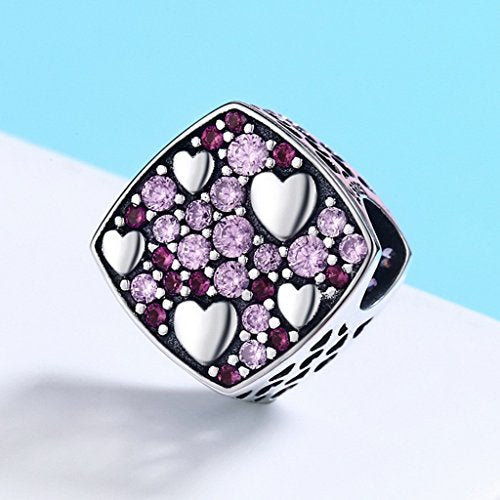 PAHALA 925 Sterling Silver Pink with Crystals Heart Charm Bead