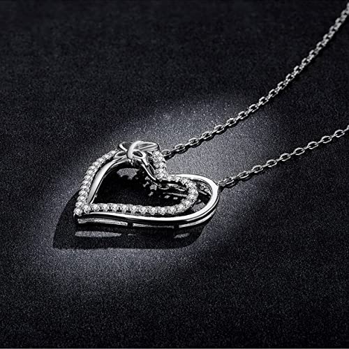 PAHALA 925 Sterling Silver Crystals Double Layer Heart Chain Necklace Pendant Wedding Necklace
