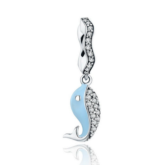 PAHALA 925 Sterling Silver Ocean Blue Enamel Whale with Crystals Pendant Charm Bead