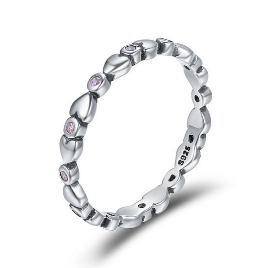 PAHALA 925 Sterling Silver Pink Heart with Crystals CZ Vintage Wedding Engagement Band Ring