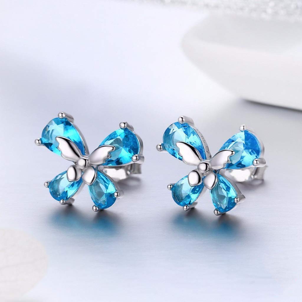 PAHALA 925 Sterling Silver Cute Dancing Butterfly Light Blue Crystals Earrings