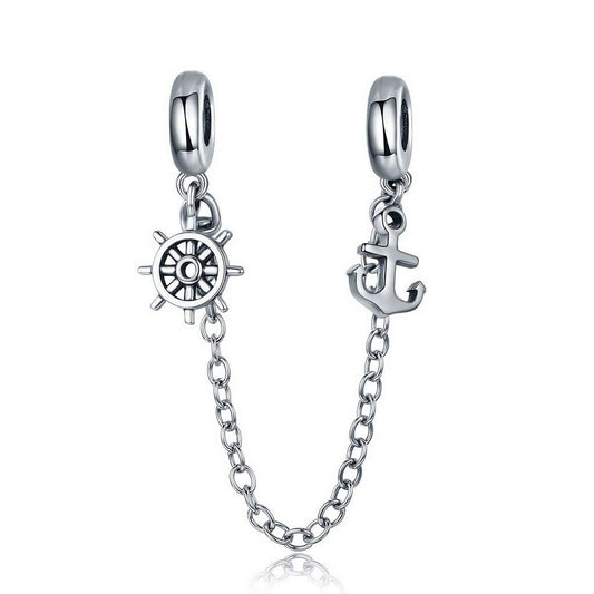 PAHALA 925 Sterling Silver Voyage Anchor Rudder Safety Chain Charm Bead