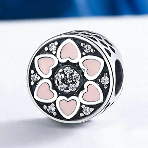 PAHALA 925 Sterling Silver Pink Heart Enamel with Crystals Charms Fit Bracelets Necklace