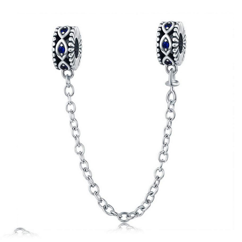 PAHALA 925 Sterling Silver Guardian Blue Eyes with Crystals Safety Chain Charm Bead
